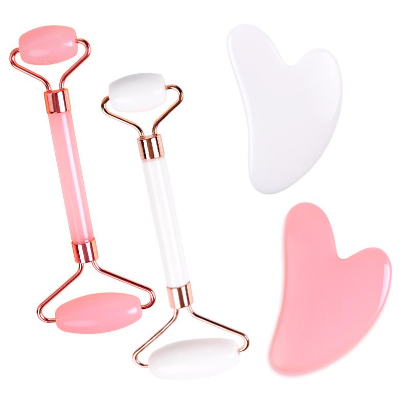 Rose Quartz Facial Roller & Heart-Shaped Gua Sha Set - Double-Headed Eye Massager and Lifting Tool.