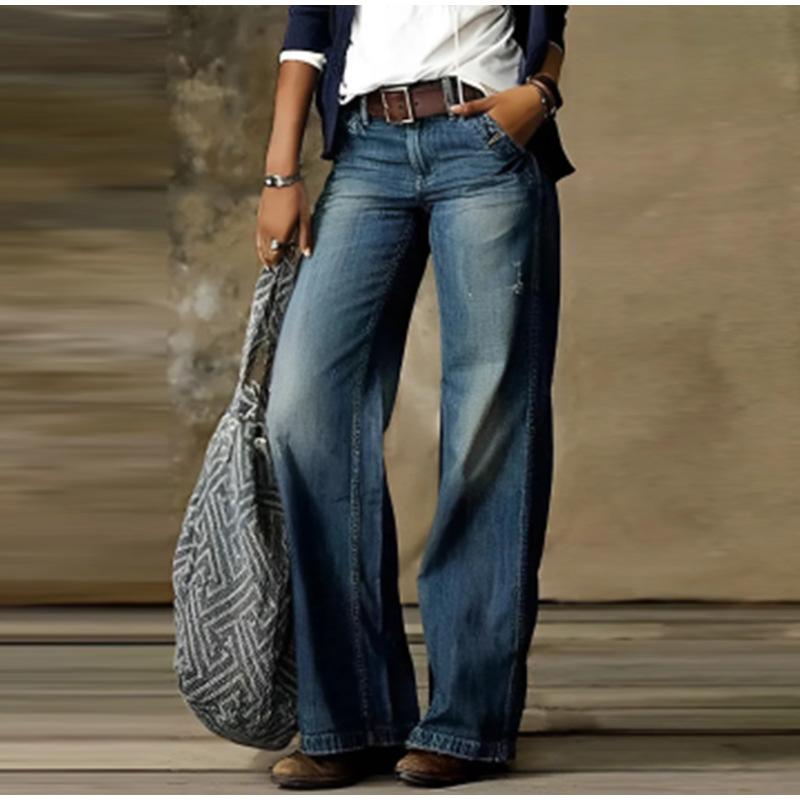 

Женские джинсы, широкие брюки, длина до щиколотки, стираный деним, потертые карманы, высокая талия, повседневные свободные однотонные сплайсированные, лето 2025 г. 3XL синий