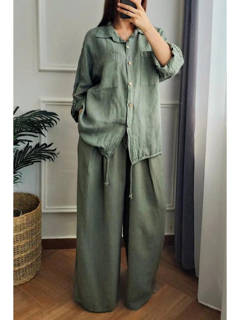 Plus Size Cotton Linen High Waist Shirt Set - Loose Fit, Solid Color, Long Sleeve, Suitable for Spring and Autumn.