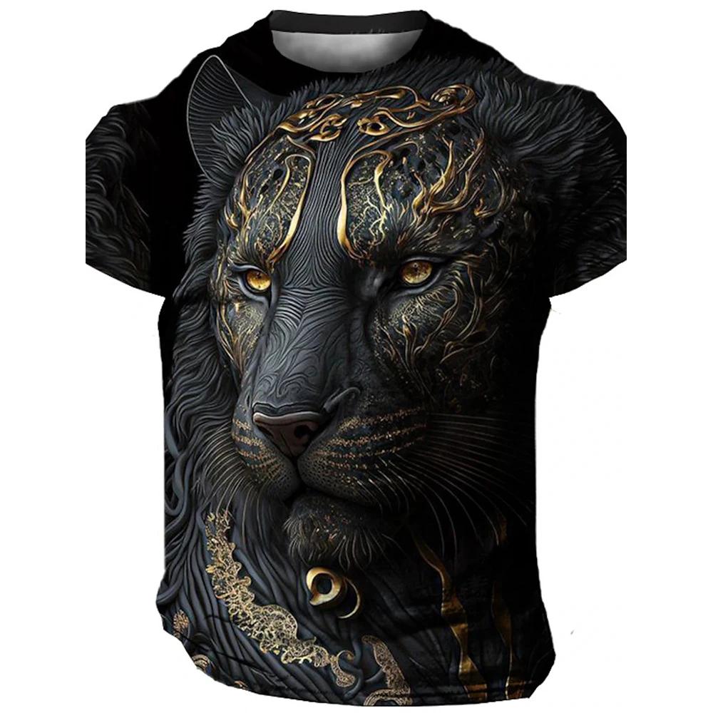 Summer 3D Printed Short Sleeved Street Style Plus Size Top, Fashionable Casual Wear, Men's Lion Sportswear