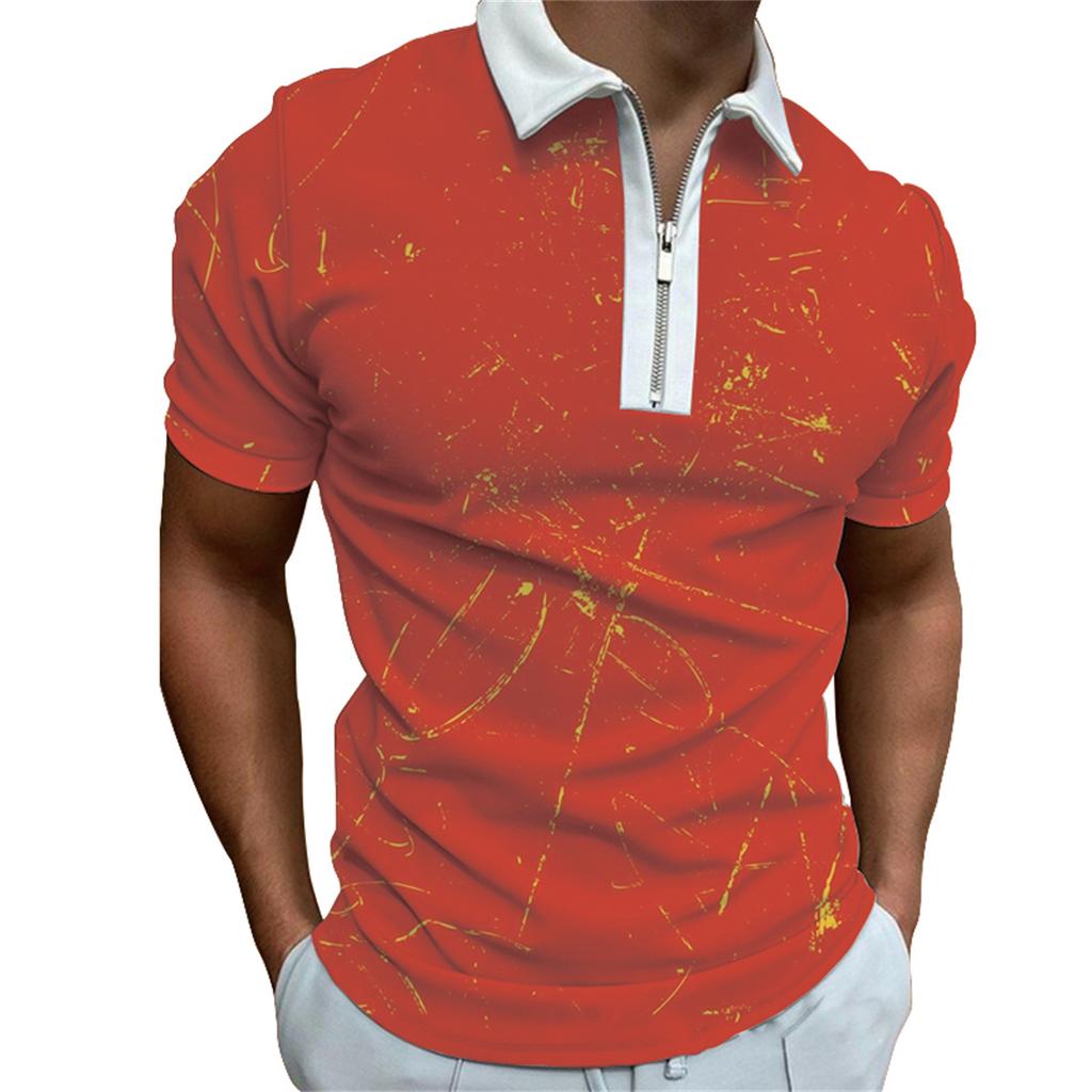 Spring and summer zipper men's short sleeved casual polo shirt men's fashion printed collar