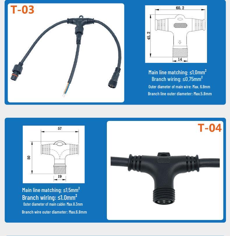 Waterproof Metal T-Type Tee Connector for 2, 3, or 4-Core Sensors, Ideal for Easy Docking at Base Stations