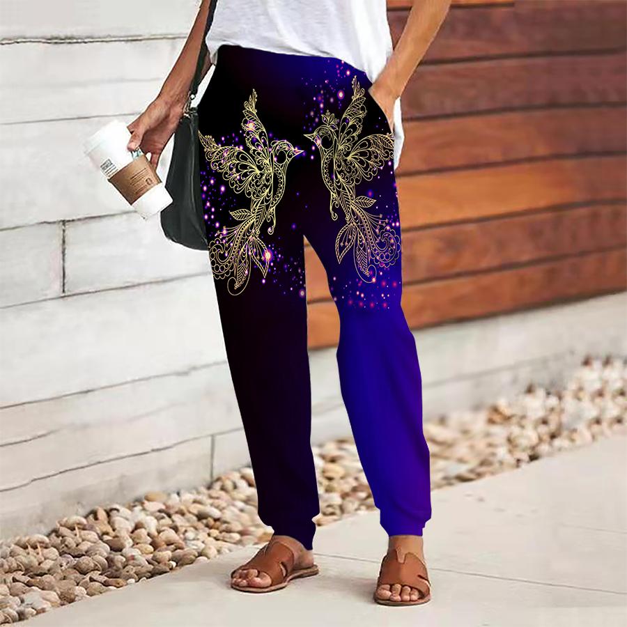 Women Retro Printing Pants Lace Up Elastic Waist Loose  Trousers Casual Long Pants Trousers with Pockets