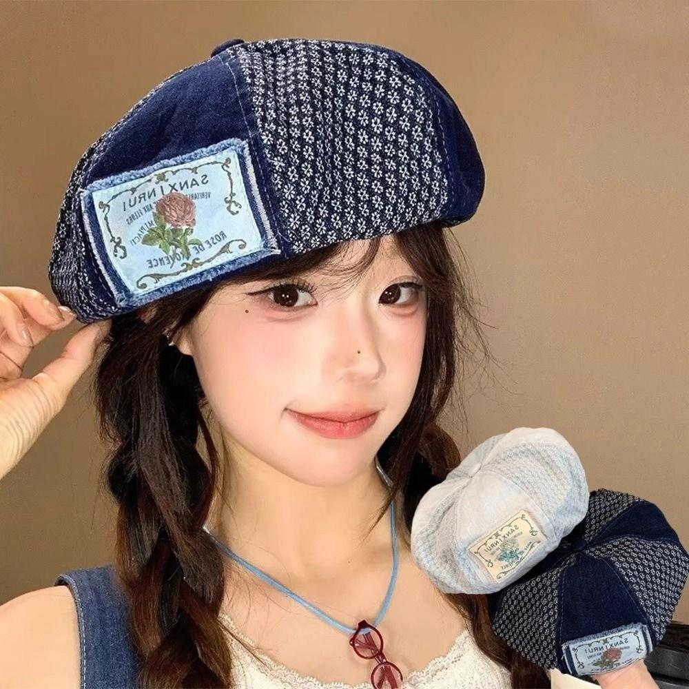 Korean Patch Splicing Beret Vintage Painter Cap Casual Denim Berets  Summer and Autumn