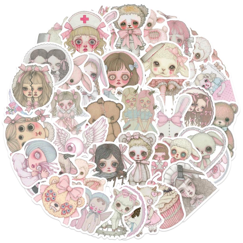 50PCS Pink Grotesque Bizarre Girl Horror Graffiti Stickers Phone Guitar Laptop Notebook Suitcase Cup Waterproof Sticker Decals