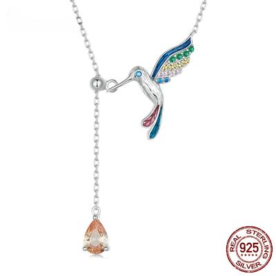 Collar con colgante de colibrí de plata de ley S925 con proceso de esmalte, cadena de cuello de pájaro para mujer, regalo de cumpleaños, joyería fina