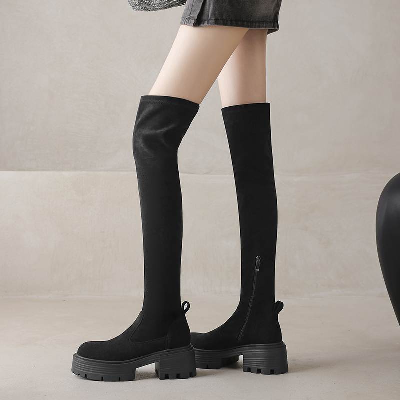 Krazing Pot Microfiber Autumn Winter Shoes Thick Bottom Flat Platform Size 43 Long Boots Zipper Over-the-knee Boots