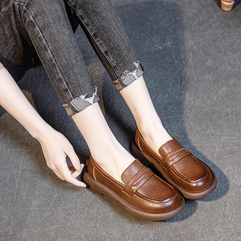 2025 Spring and Autumn New Single Shoes Cowhide Handmade Foot Cover Round Head Lazy Versatile British Style Retro Small Single Shoes Soft Sole
