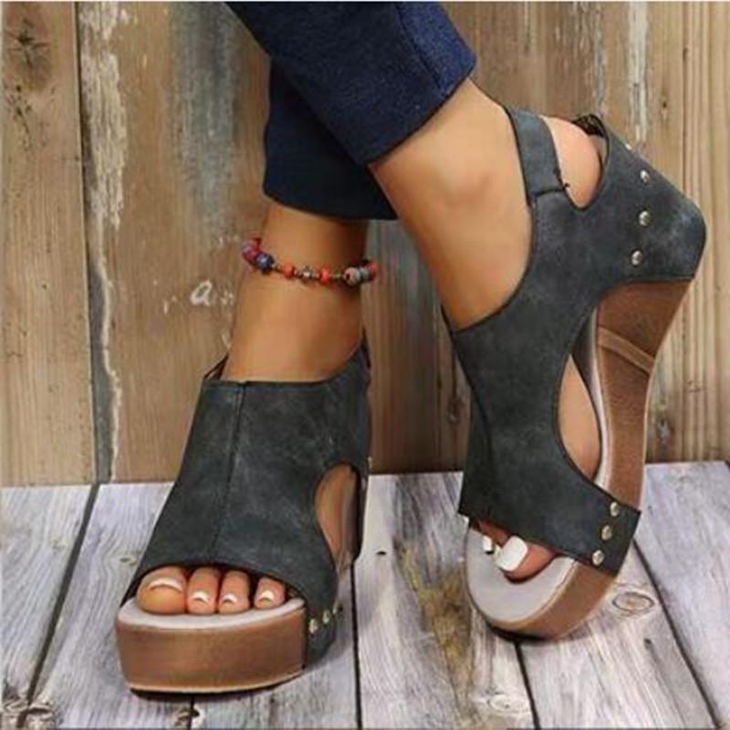 

Summer Women s Roman Sandals Retro Rivet Decoration Wedges Shoes Fashion Peep Toe Beach Vacation Ladies Sandalias 35 синий