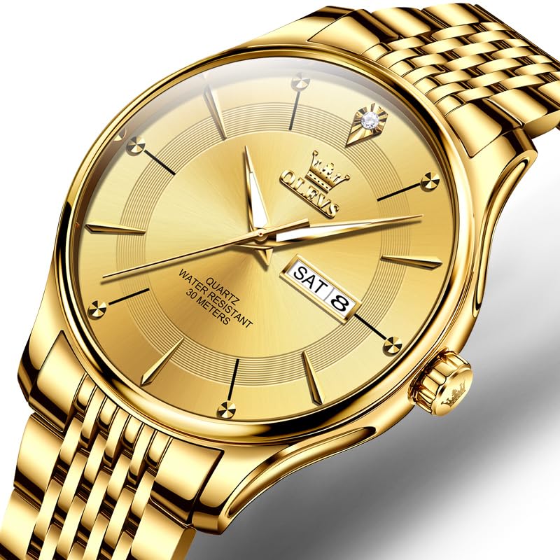 OLEVS Men's Quartz Watch with Diamonds, Metal Band, Date Display, Simple, Stylish, Lightweight, Luminous, Waterproof, Gold, for Men and Students
