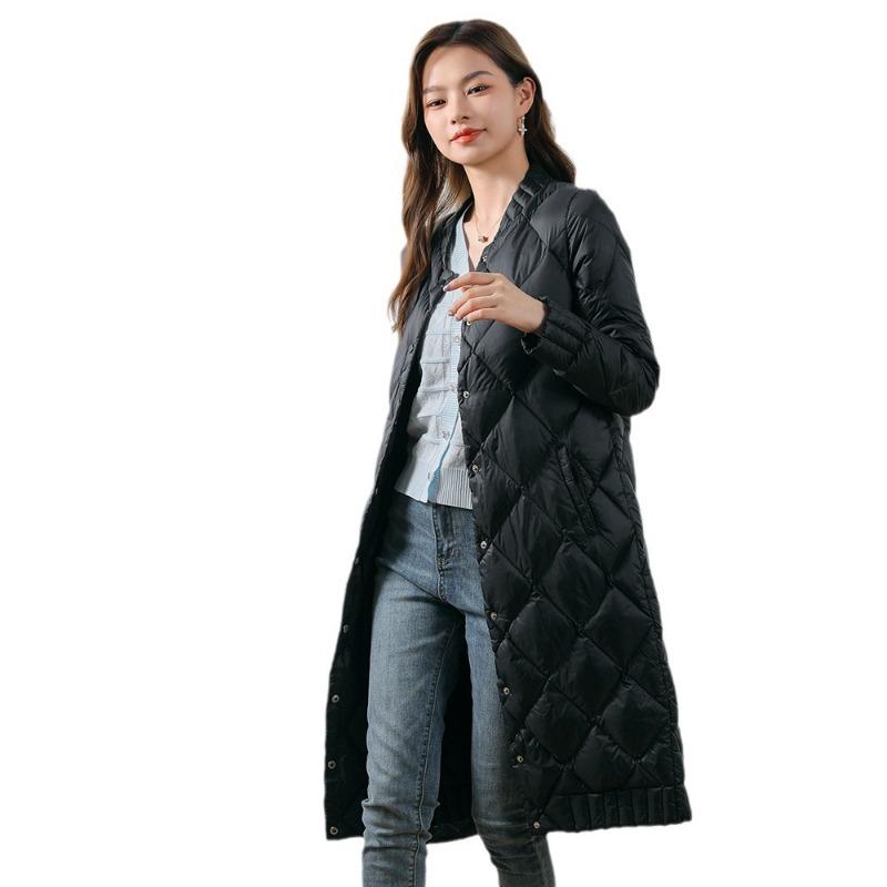 Women's 90-down light and thin down round neck rhombus medium and long women's clothing light and thin down jacket
