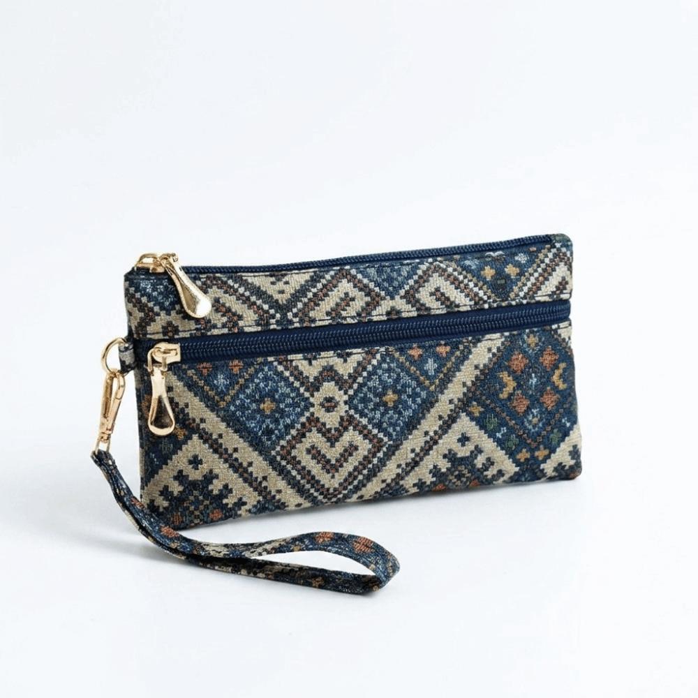 Retro Ethnic Style Clutch Purse Double Zipper Wristlet Wallet Long Wallet Cell Phone Storage