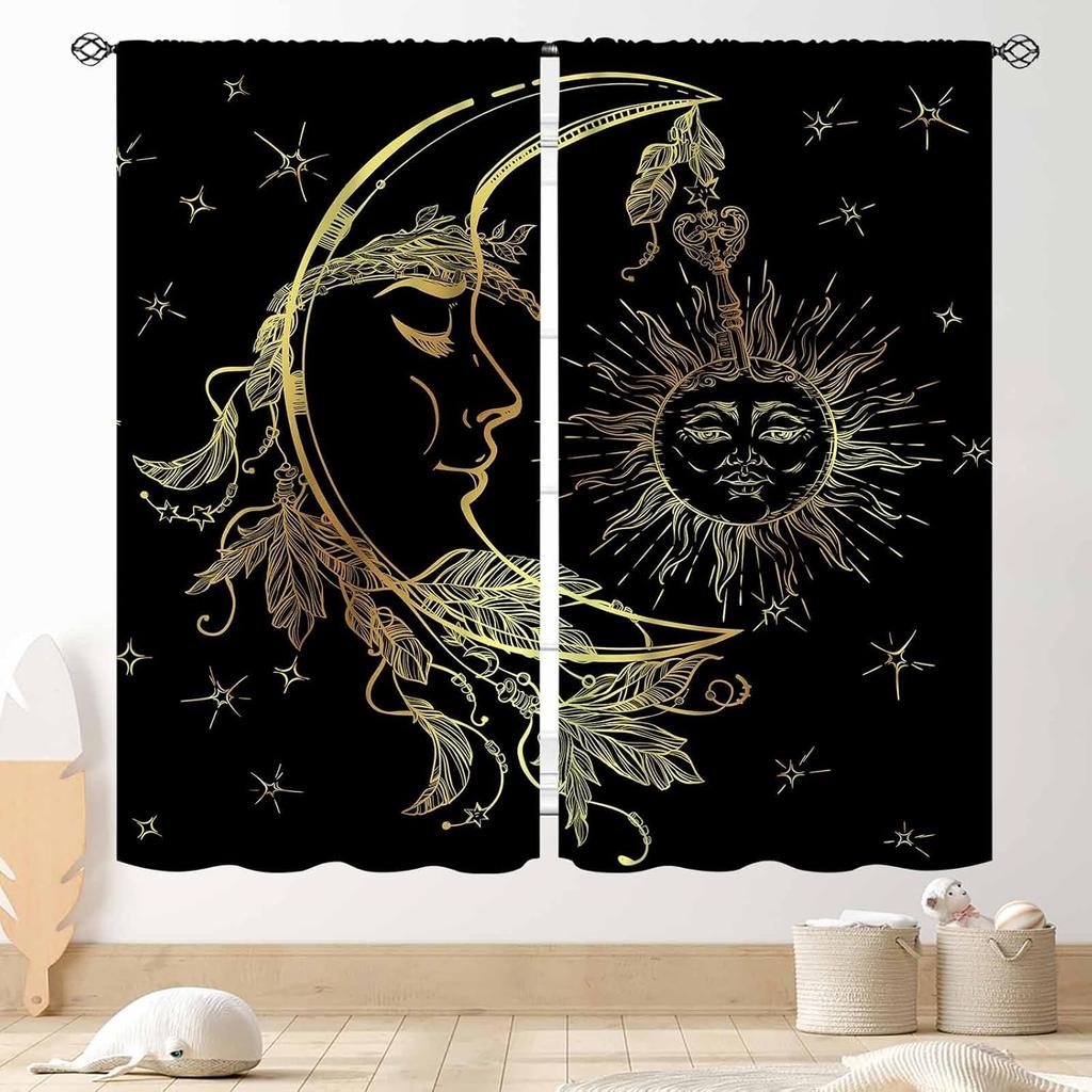 Wild Floral Moon Curtains, Boho Vintage Moon Phase Botanical Mid Century Moonlit Plants Aesthetic Spring Flower Blackout Window