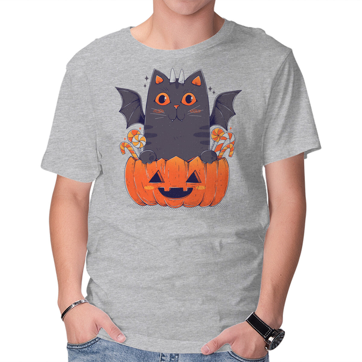 Unisex Crew Neck T-Shirt Spooky Cat Graphic Short Sleeve Casual Tee XXL