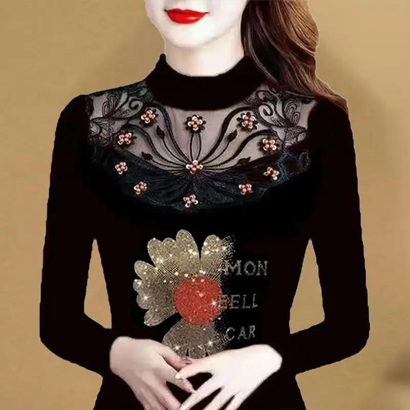 Haut Femme Élégant Patchwork Dentelle Broderie Florale Strass Col Montant T-shirt