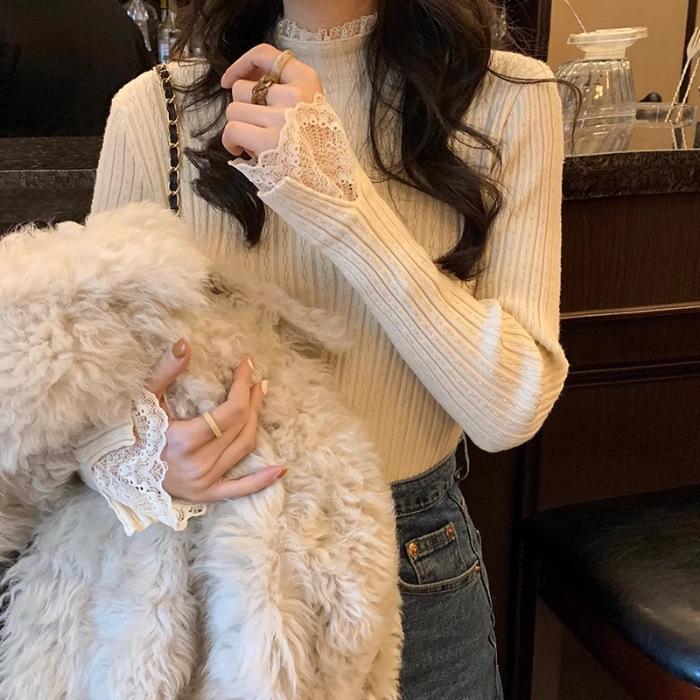 Semi-turtleneck lace bottoming shirt women's autumn and winter new knitted sweater with foreign style design slim top
