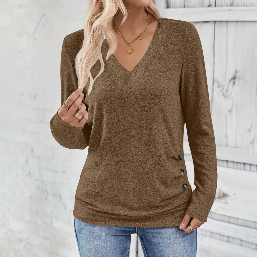 Women's Casual Fashion Solid Color V-Neck Long Sleeve Button Top