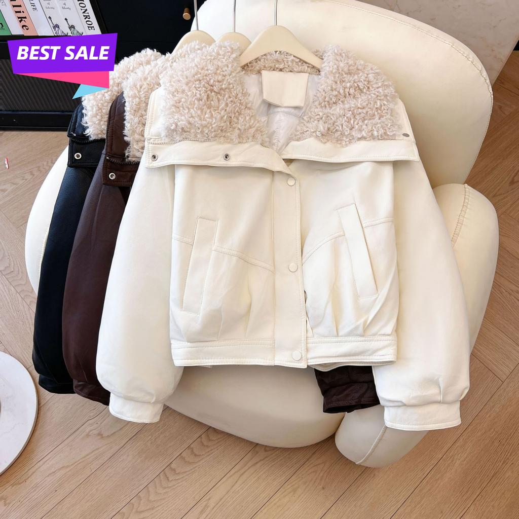 Lamb Wool PU Leather Solid Color Jacket  Korean Version of Down Cotton Thick Loose Cotton Jacket