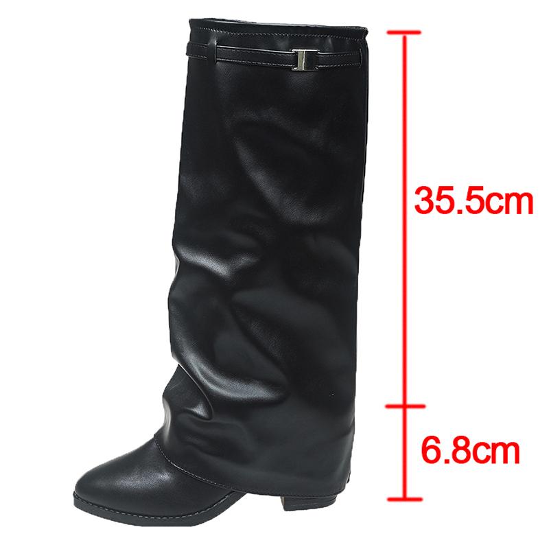 

Мода Мода Ботильоны на толстом каблуке до колена для женщин Остроносые из искусственной кожи Длинные боты Женские 2025 Осень На молнии Заворачивающиеся Ботинки для брюк 43 чёрный