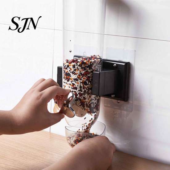 Plastic Food Storage Bin Wall Mounted Dry Dispenser, Space Saving Container with Measuring Kitchen Organization Accessories Cup, Clear Airtight