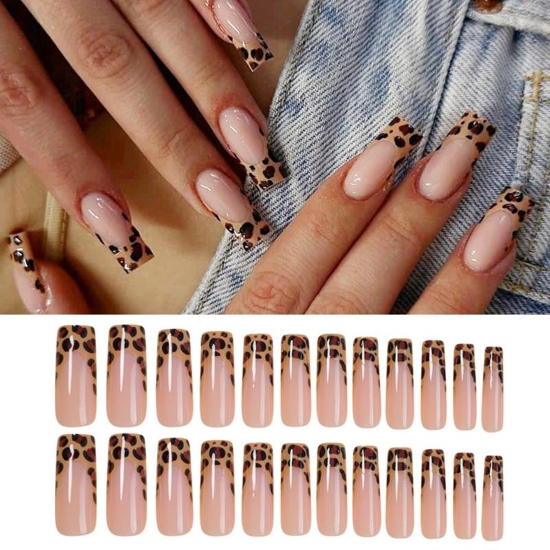 24 Pcs Leopard Print False Nails with Nails File Full Cover Stick On Nails Artificial Nails Long Coffin Press On Nails