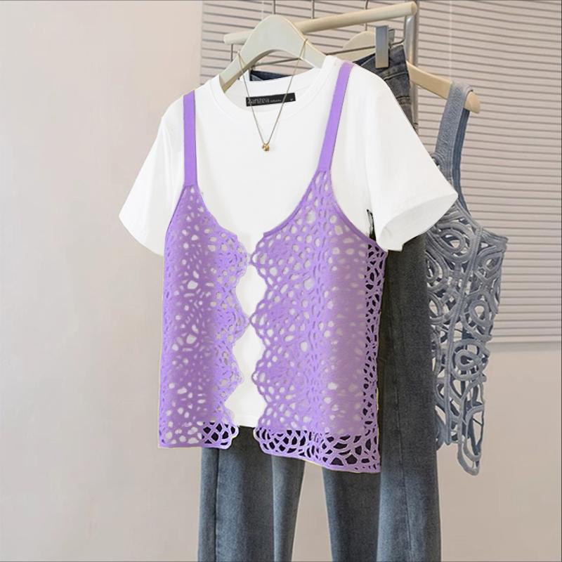 

ZANZEA Женские повседневные футболки с круглым вырезом, летние, с коротким рукавом, с вязаным крючком пэчворком 5XL фиолетовый