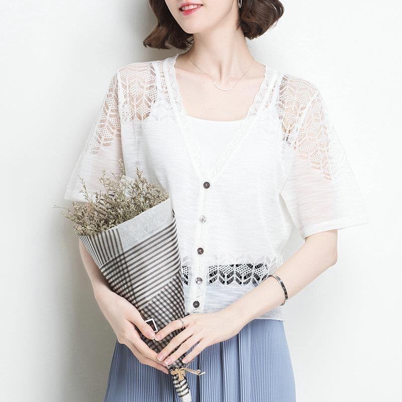Ice Silk Knitted Cardigan with Short-sleeved Summer Wear Women's New Thin Hollow White Shawl Sunscreen