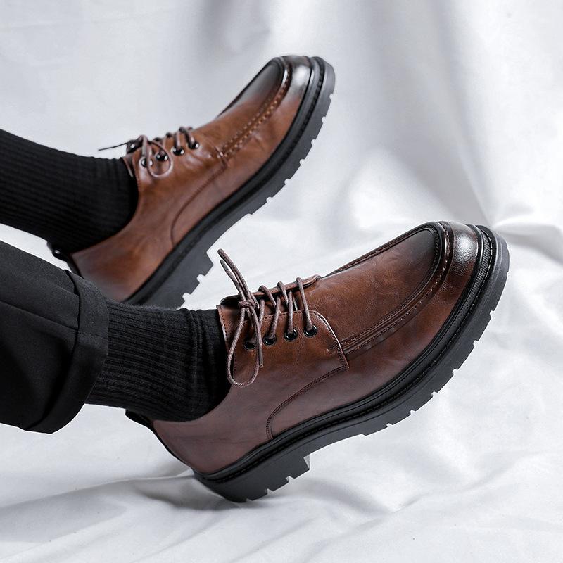 Men's round head leather shoes Korean version trend lace-up casual shoes formal business men's shoes youth wedding shoes 5692-R
