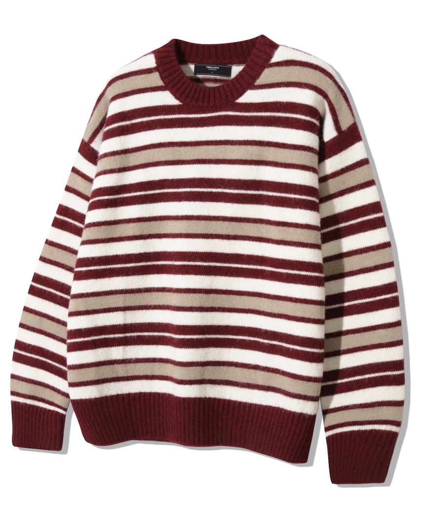 TRILLION Washable Hairy Stripe Crewneck Knit_Red
