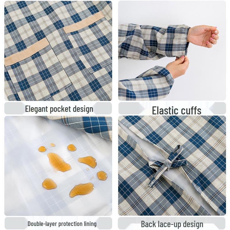 Japonská kostkovaná zástěra s medvědem, voděodolná: Otočný, Odolný proti skvrnám Kuchyňský ochranný oděv