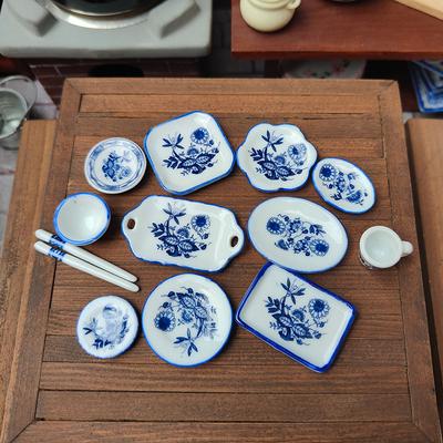 1Set Dollhouse Miniature Tableware Porcelain Ceramic Tea Cup Miniature Ceramic Blue White Tableware Ornaments Mould Parts