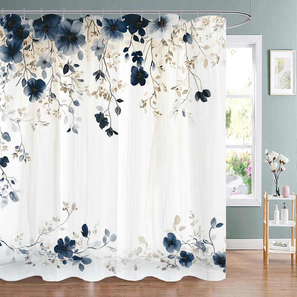 Blue Floral Shower Curtain, Bathroom Decorative Shower Curtain, Printed Polyester Fabric Shower Curtain with Hooks
