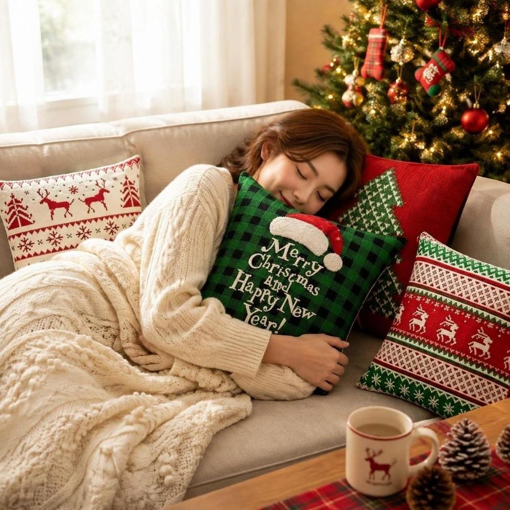 Festive Soft Christmas Pillow Covers 2D Printed Deer Throw Cushion Case Square Plaid Xmas Tree Pillowslip Living Room Decor