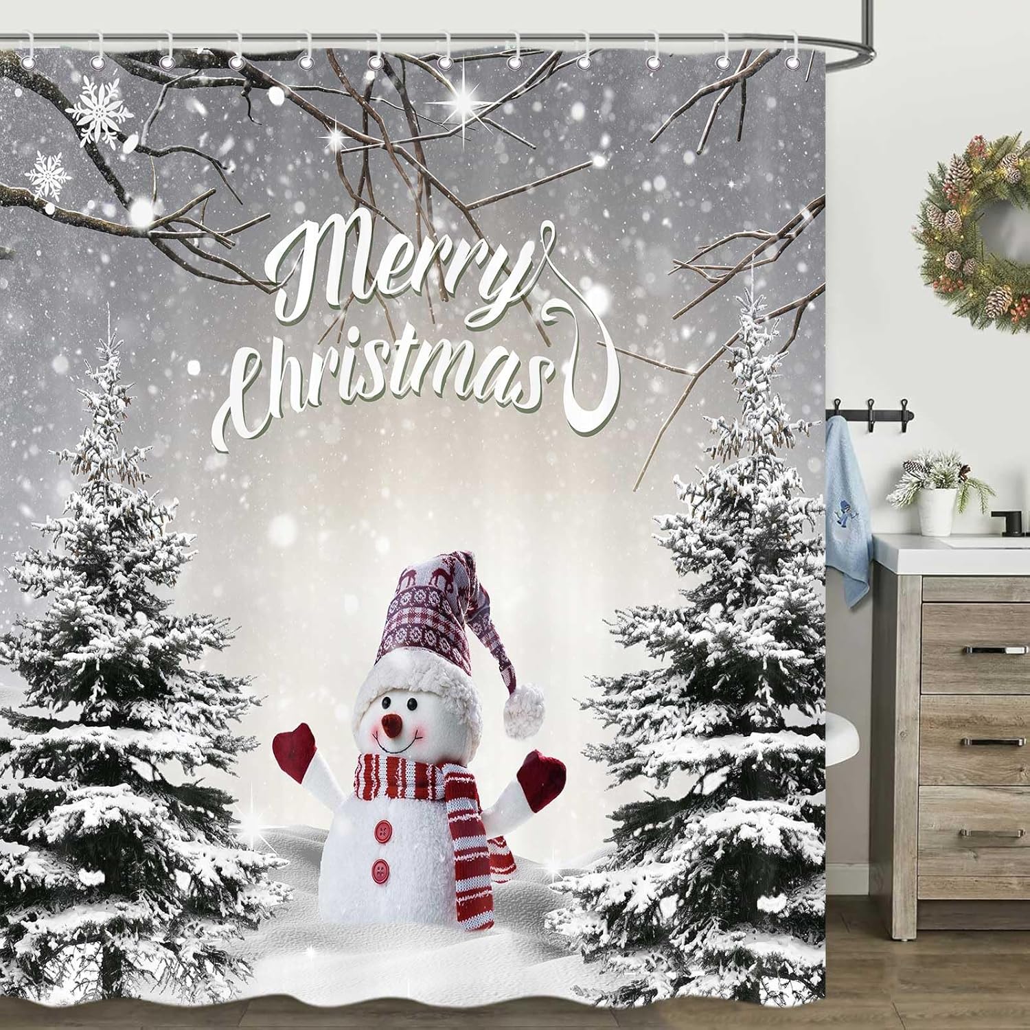 

Blue Christmas Shower Curtain, Winter Snowflake Shower Curtains Set With 12 Hooks, Holiday Home Decor Fabric Shower Curtains W60H190(CM)-1 Pcs