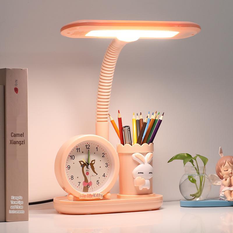 Children's Study Desk Lamp with Eye Protection, Clock, Pen Holder, and Large Light Source