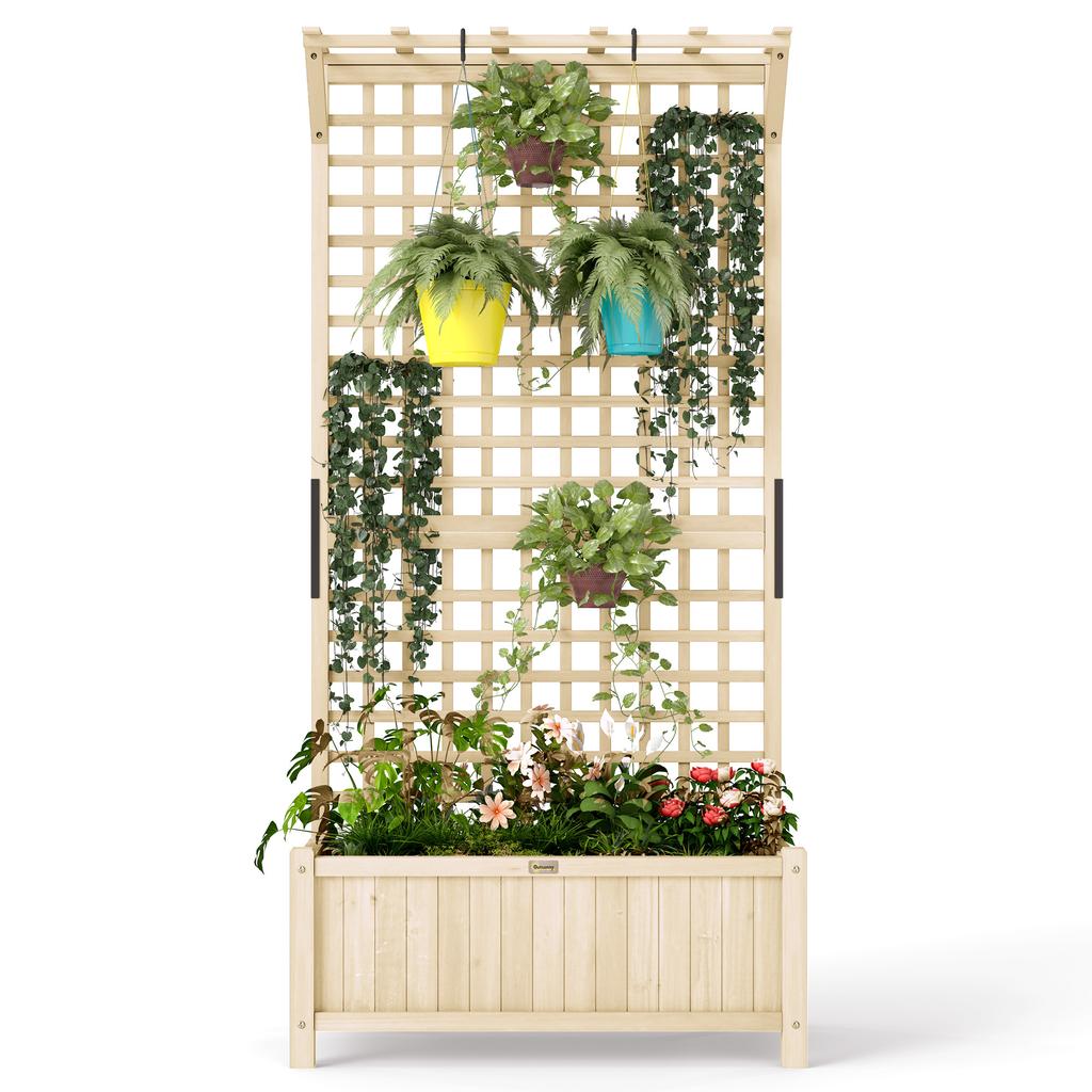 Raised Bed with Drainage Holes, Wood Planter with Trellis for Climbing Plants To Grow Vegetables, Flowers, Natural