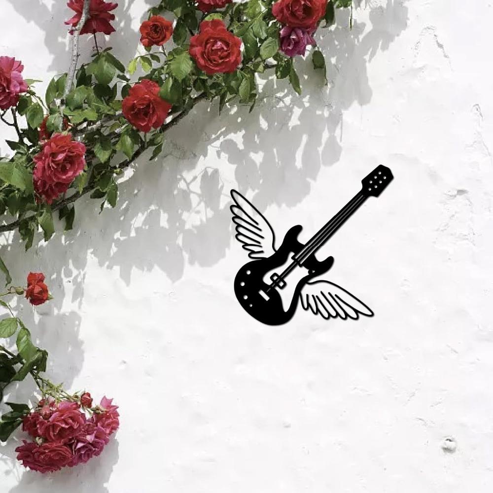 Black Metal Guitar Wings Wall Art Sculpture, Hollow Iron Wall Decor, Rustic Music Themed Hanging Sign for Living Room Home Office 12x12 Inch