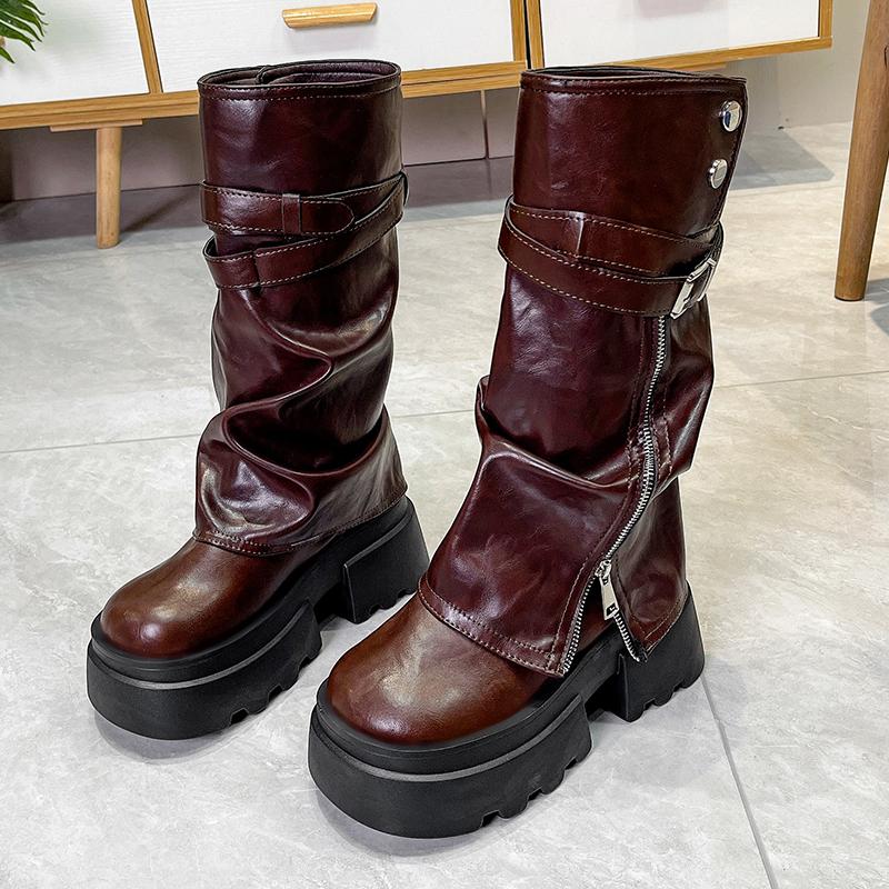 Fashion Women Fashion Boots European Microfiber Suede Leather Round Toe Maillard Western Cowboy Thick Soled Boots Motorcycle Short Boots