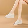 Wedge heel thick bottom leather slippers women's 2025 summer new high heel one-word drag fish mouth muffin soft bottom versatile sandals