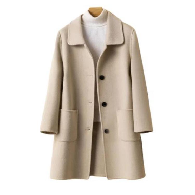Women Single Breasted Pea Coat Mid Length Wool Blend Trench Coat Notch Lapel