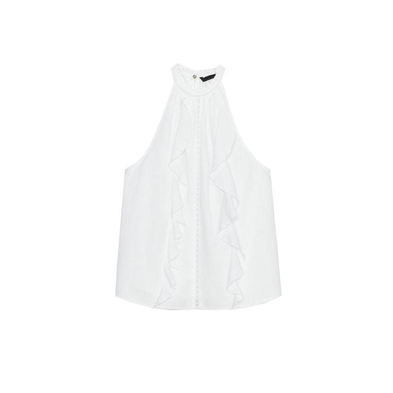 

Summer New Product Women s Clothes French Style Design Ramie Blended Laminated Decoration Hanging Collar Tops 3585730 White L