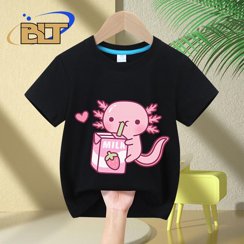 Cute Axolotl Loves Strawberry Milk Doodle printed kids T-shirt summer pure cotton short-sleeved casual tops for boys and girls