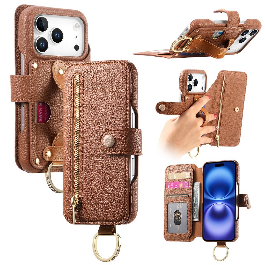 Luxury Zipper Cards Solt Wristband Wallet Leather Ring Holder Case For iPhone 17 Pro Max 16 Plus 15 14 13 12 Kickstand Bag Cover