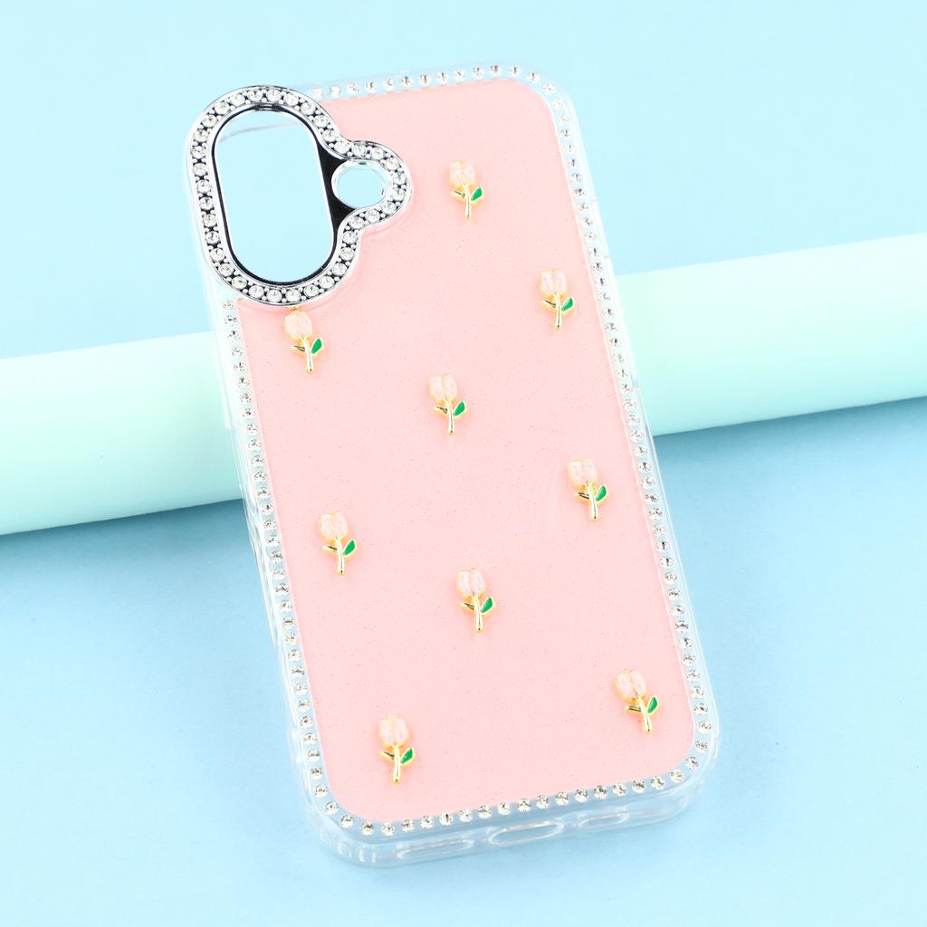Etui na iPhone 17 z krawędzią z cyrkonii, dekoracją z małych tulipanów, TPU+PC, IMD, pokrowiec na telefon
