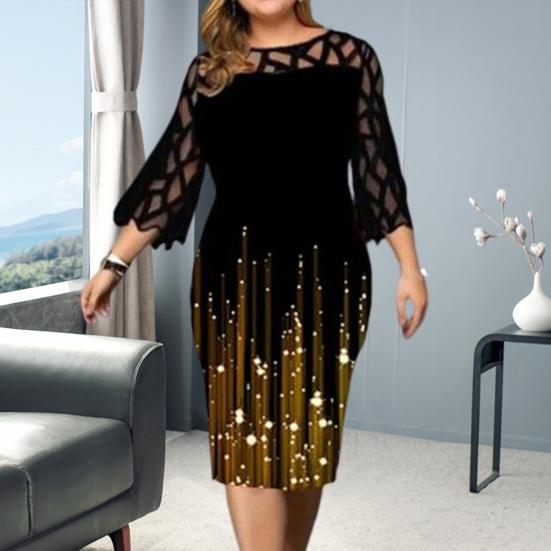 Damen Ballkleid Spitze Rundhalsausschnitt Bedruckt Durchsichtig Dreiviertelärmel Zum Ausgehen