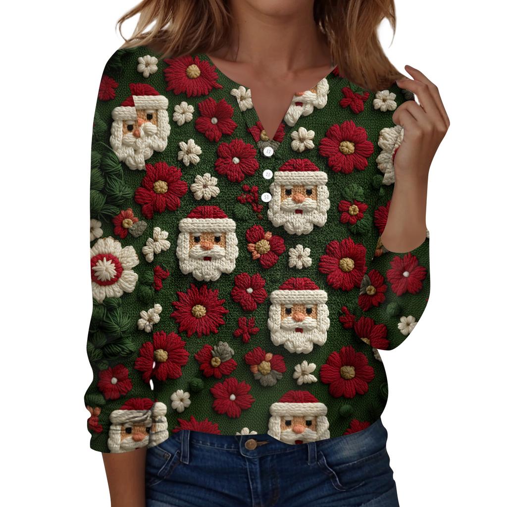 Women's Fashion Casual H Printed V-Neck Long Sleeve Decorative Button T-Shirt Tops