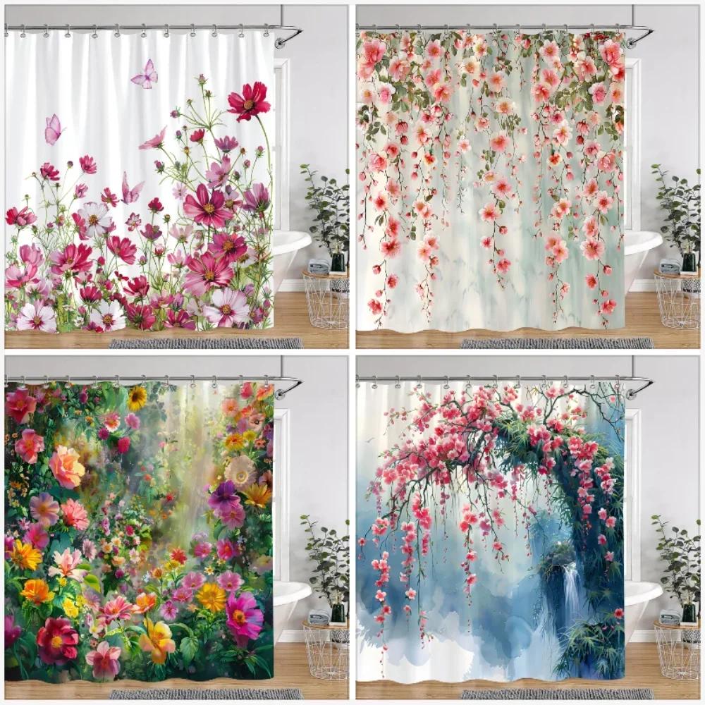 Monika Chen Watercolour Floral Print Shower Curtain Gorgeous Floral Rustic Flower Polyester Fabric Shower Curtains Bathroom Decor With Hooks