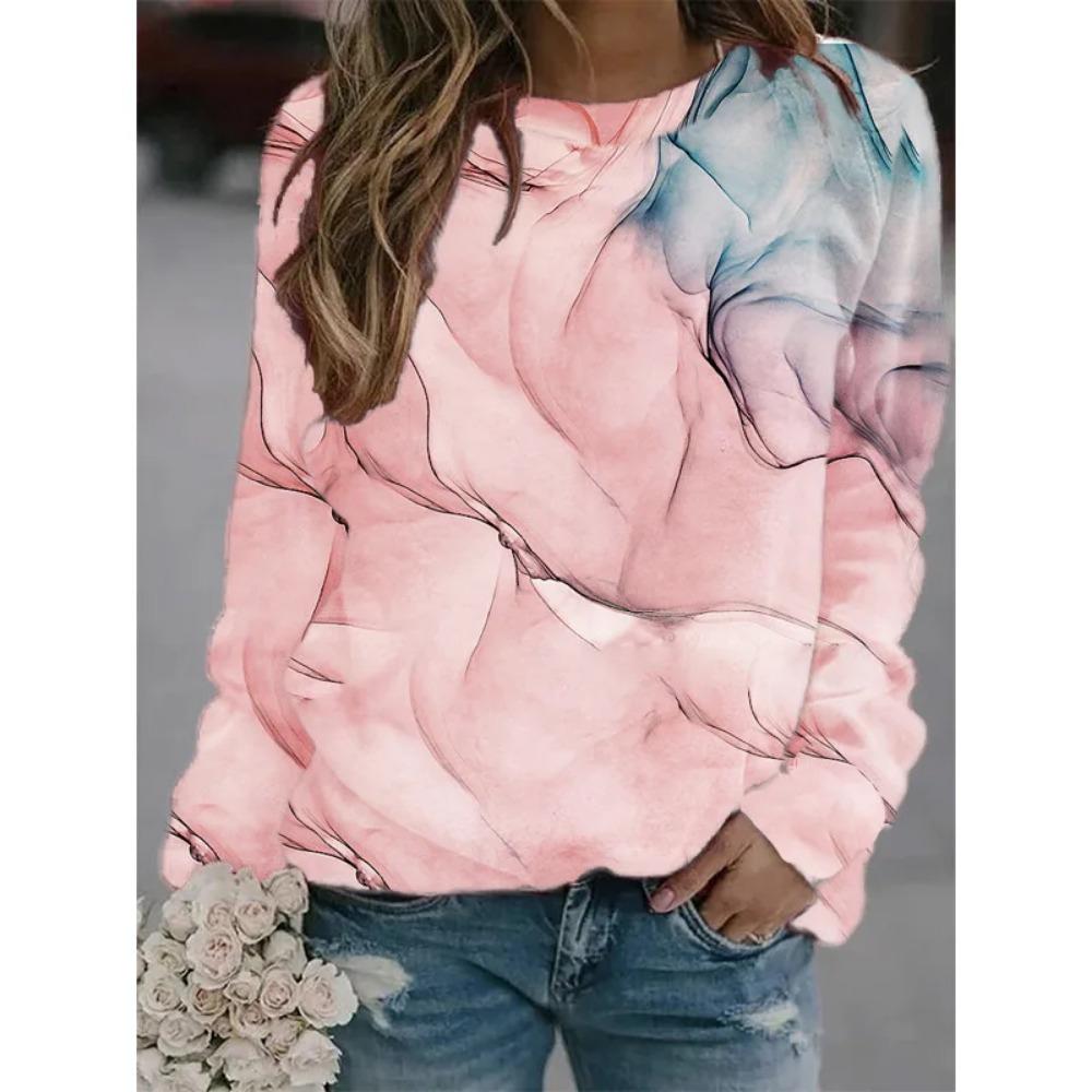 Hot Selling New Marble Texture 3D Printed Women's Casual Round Neck Long Sleeved T-shirt