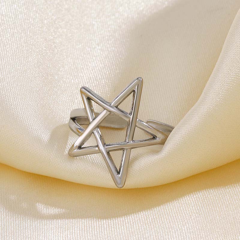 Punk Black Hollow Pentagram Star Rings Stainless Steel Metal Star Opening Adjustable Finger Ring Aesthetic Zircon Gift