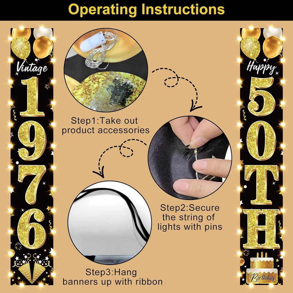 50th Birthday Party Banner Lighted Decorations for Men and Women - Black Gold Vintage 1976 50th Birthday Door Banners with LED Light, Fifty Years